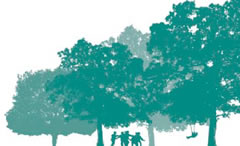 Silhouette of children playing beneath trees