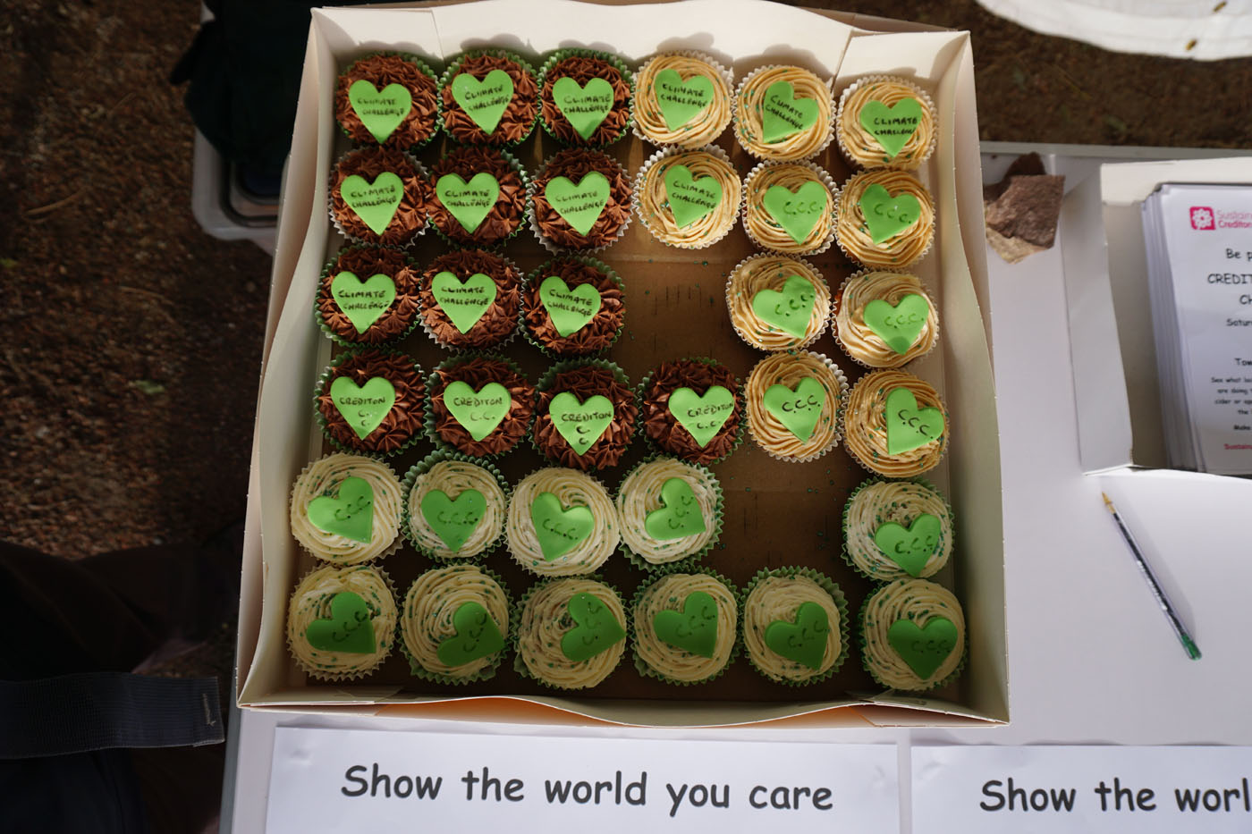 Photograph of a box of cakes decorated with green hearts