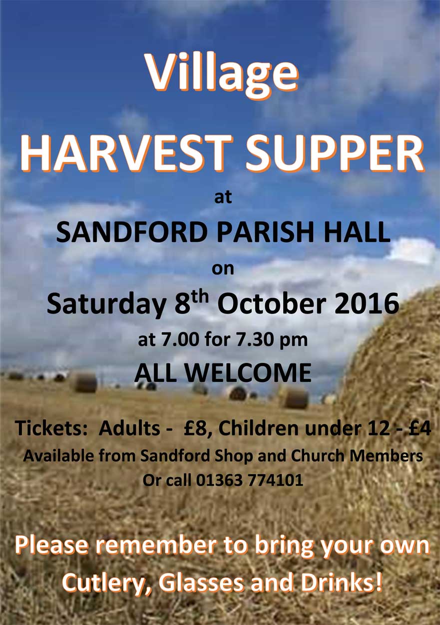 Poster for Sandford Harvest Supper on 8th October 2016